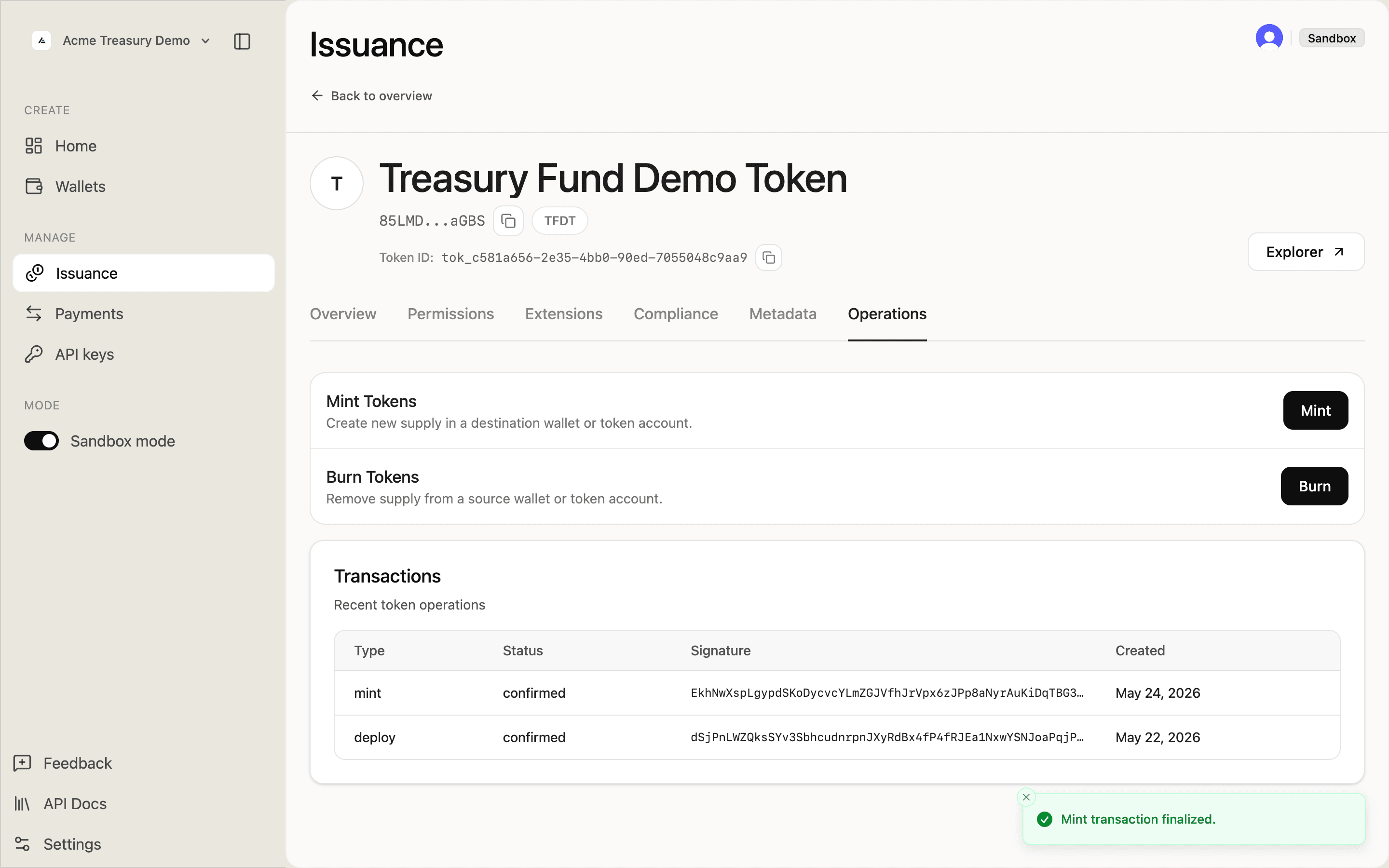 Operations tab showing confirmed mint entry and Mint transaction finalized toast