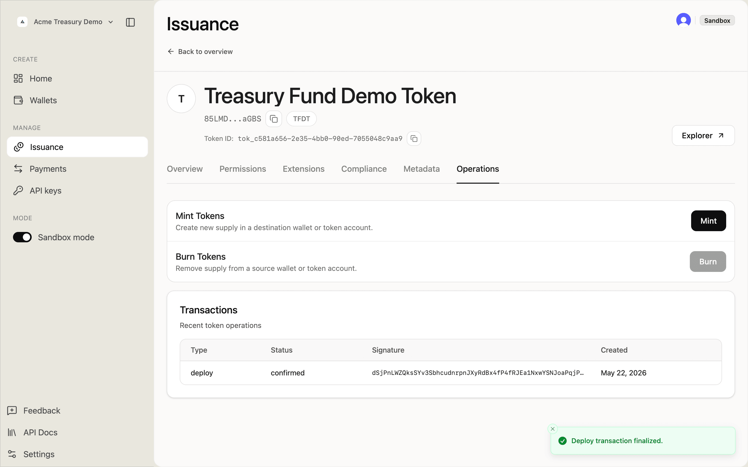 Deployed token detail page with mint address, Operations tab, and confirmed deploy transaction